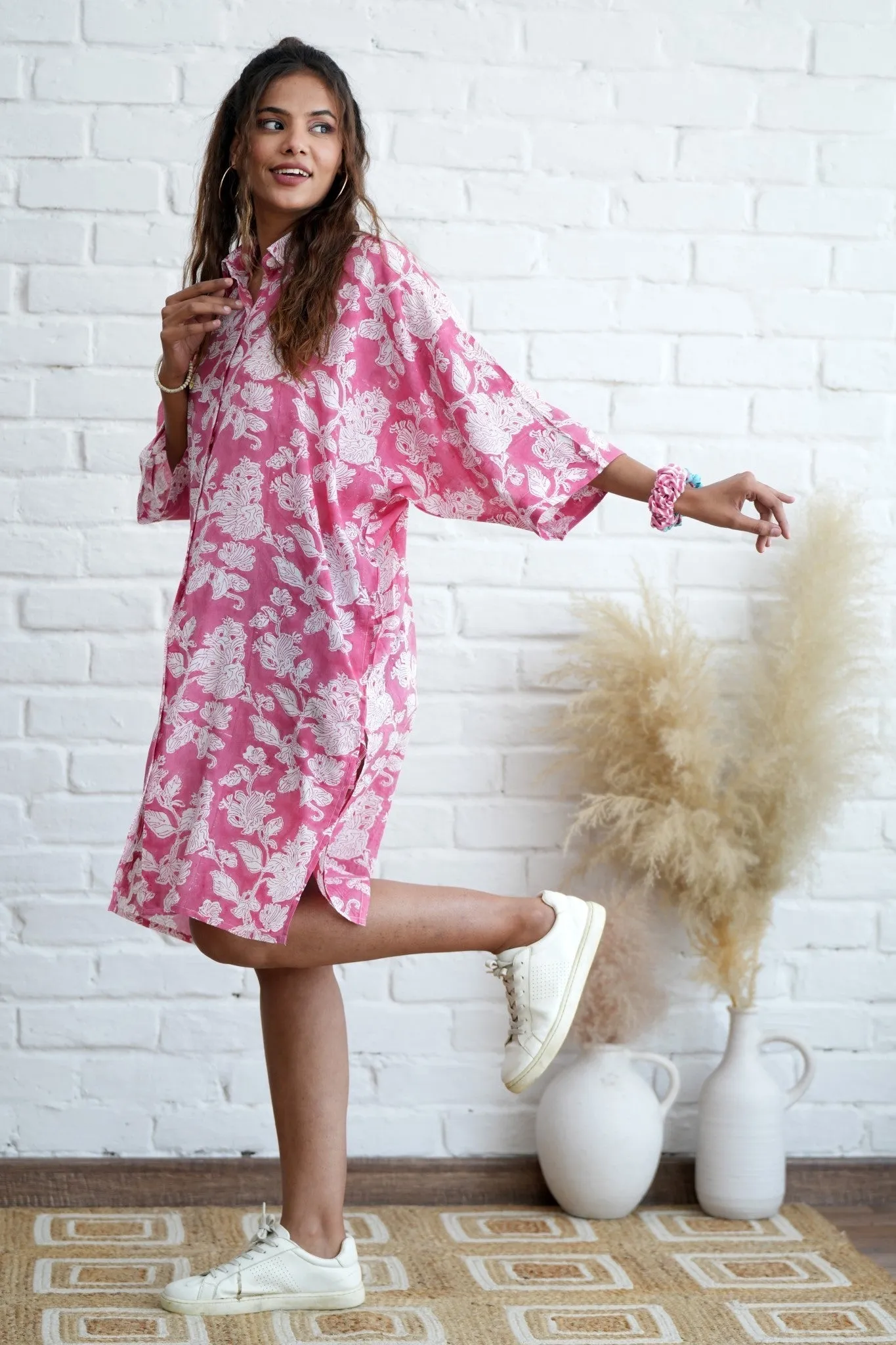 Rosella in Pink Hand Block Printed Oversize Shirt