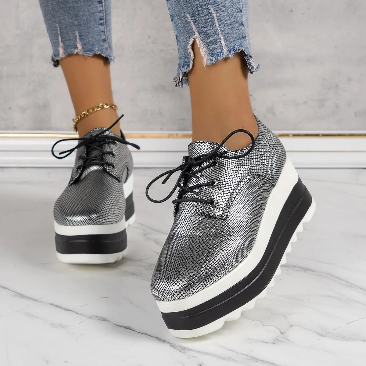 Round Toe Lace-up Platform Thick Bottom Shoes