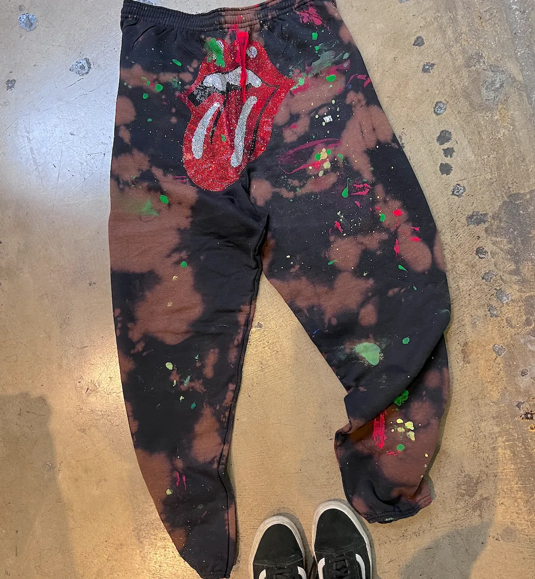 RS Embellished Black Bleach Paint Sweatpants
