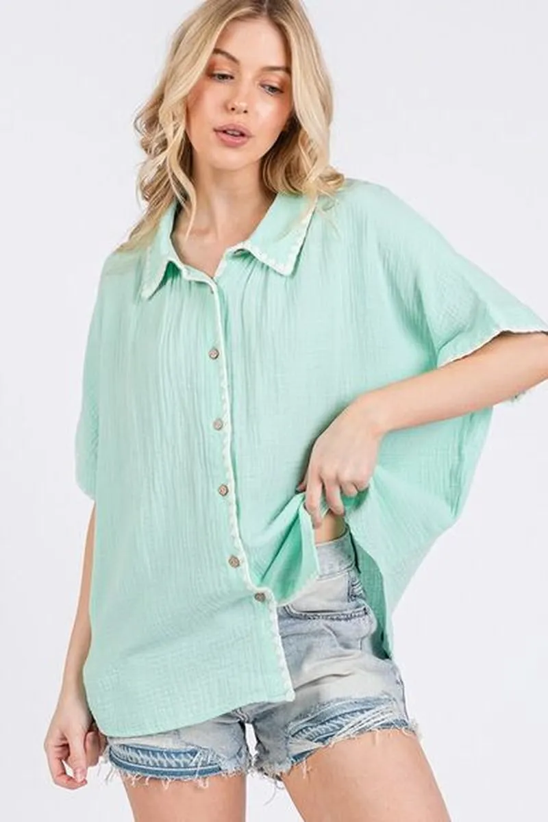 SAGE FIG Boho Contrast Zigzag Trim Gauze Button-Up Shirt