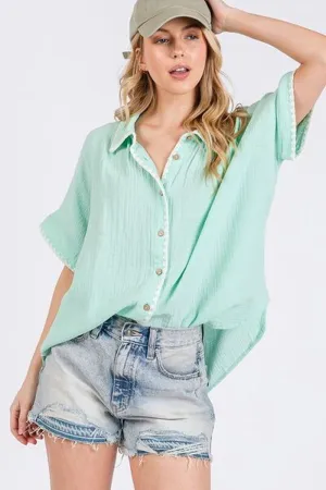 SAGE FIG Boho Contrast Zigzag Trim Gauze Button-Up Shirt