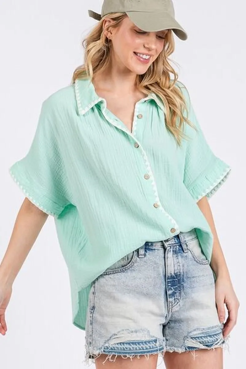 SAGE FIG Boho Contrast Zigzag Trim Gauze Button-Up Shirt