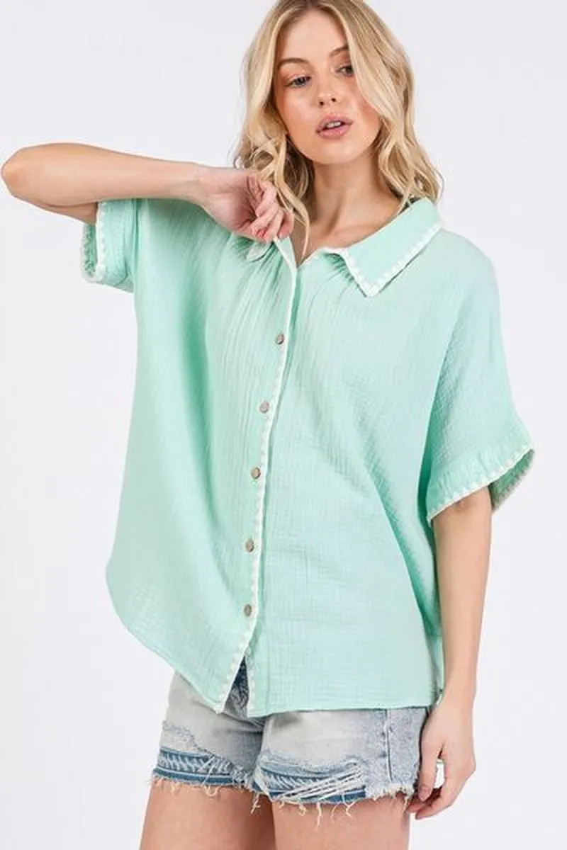 SAGE FIG Boho Contrast Zigzag Trim Gauze Button-Up Shirt