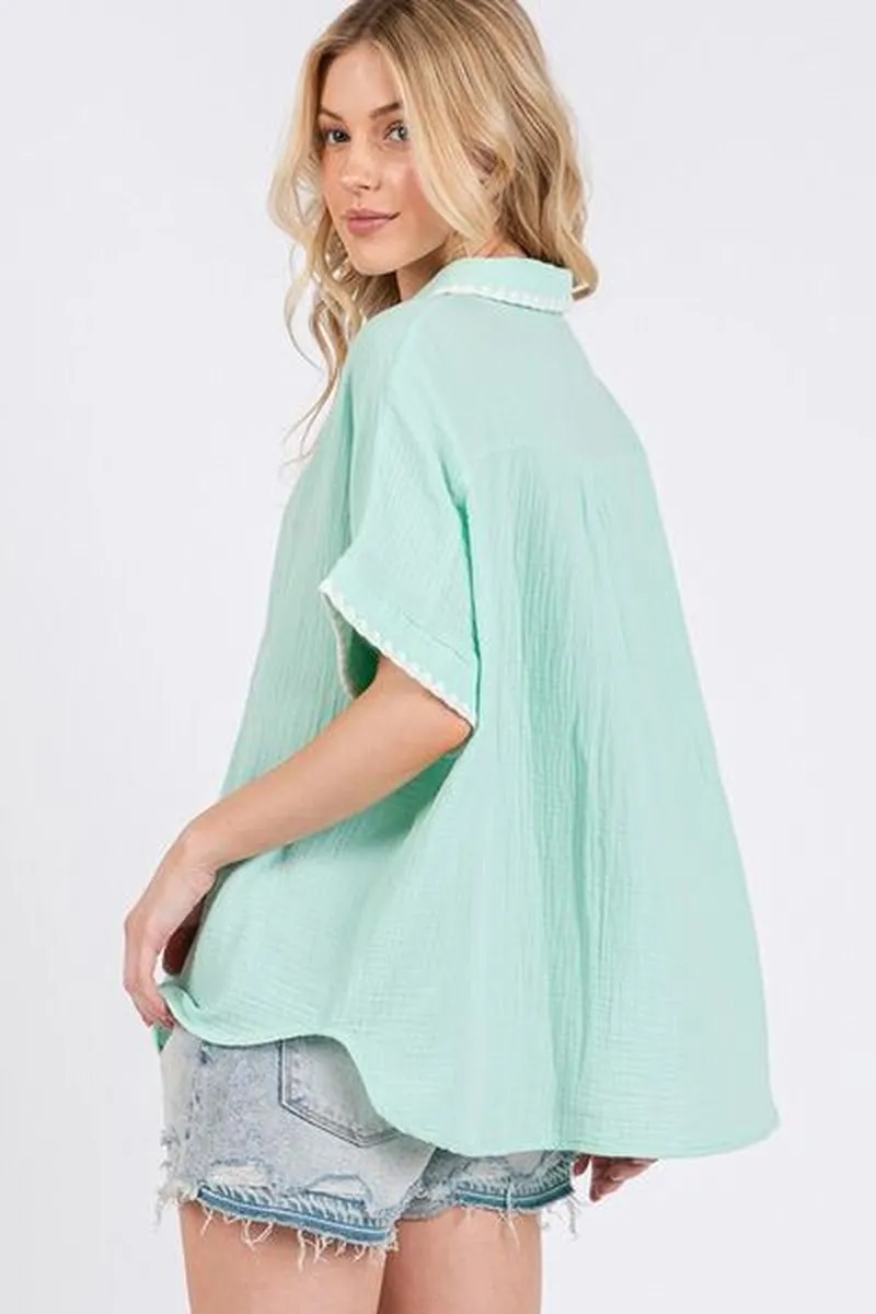 SAGE FIG Boho Contrast Zigzag Trim Gauze Button-Up Shirt