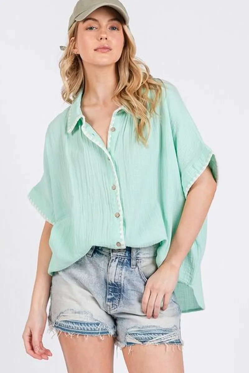 SAGE FIG Boho Contrast Zigzag Trim Gauze Button-Up Shirt