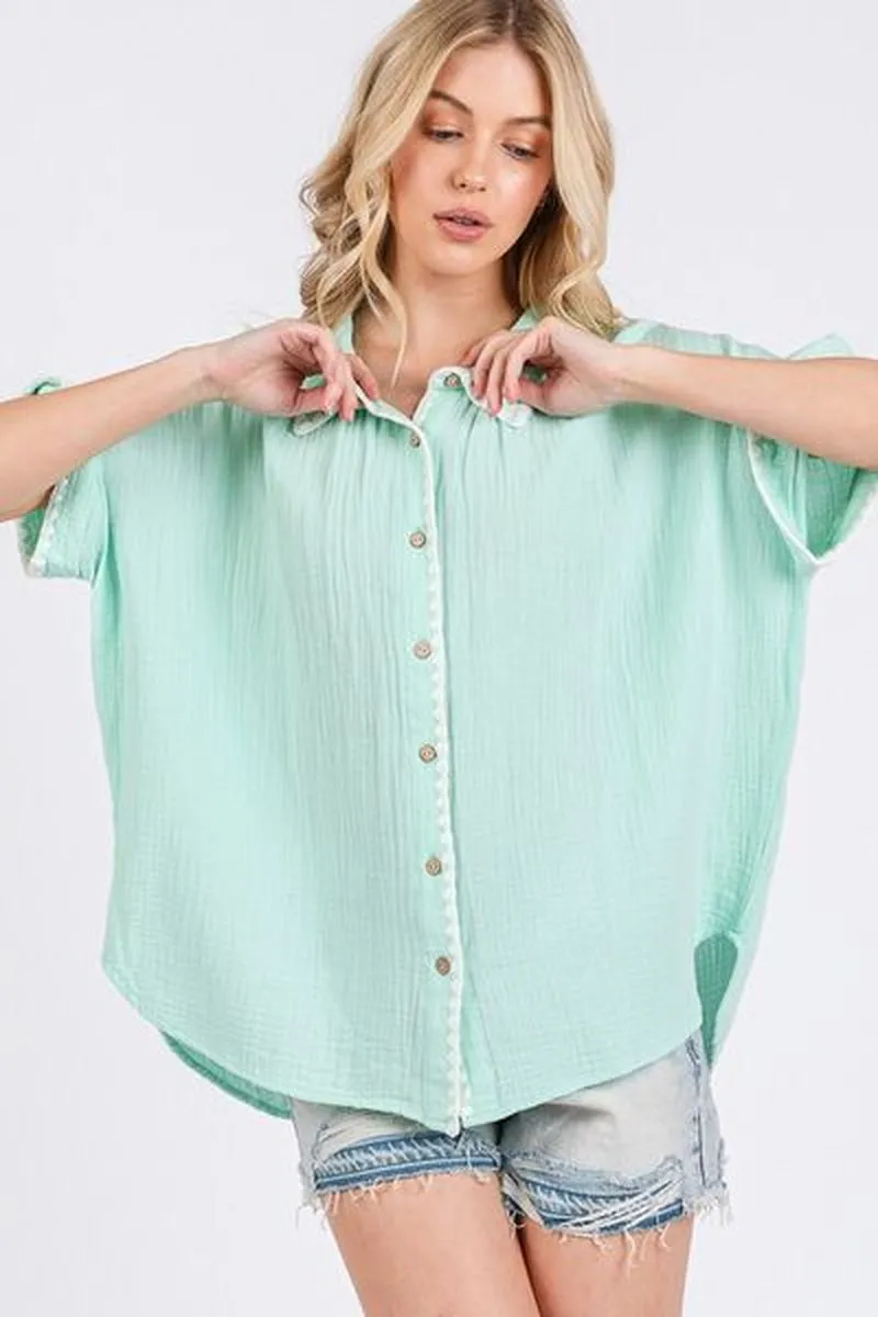 SAGE FIG Boho Contrast Zigzag Trim Gauze Button-Up Shirt