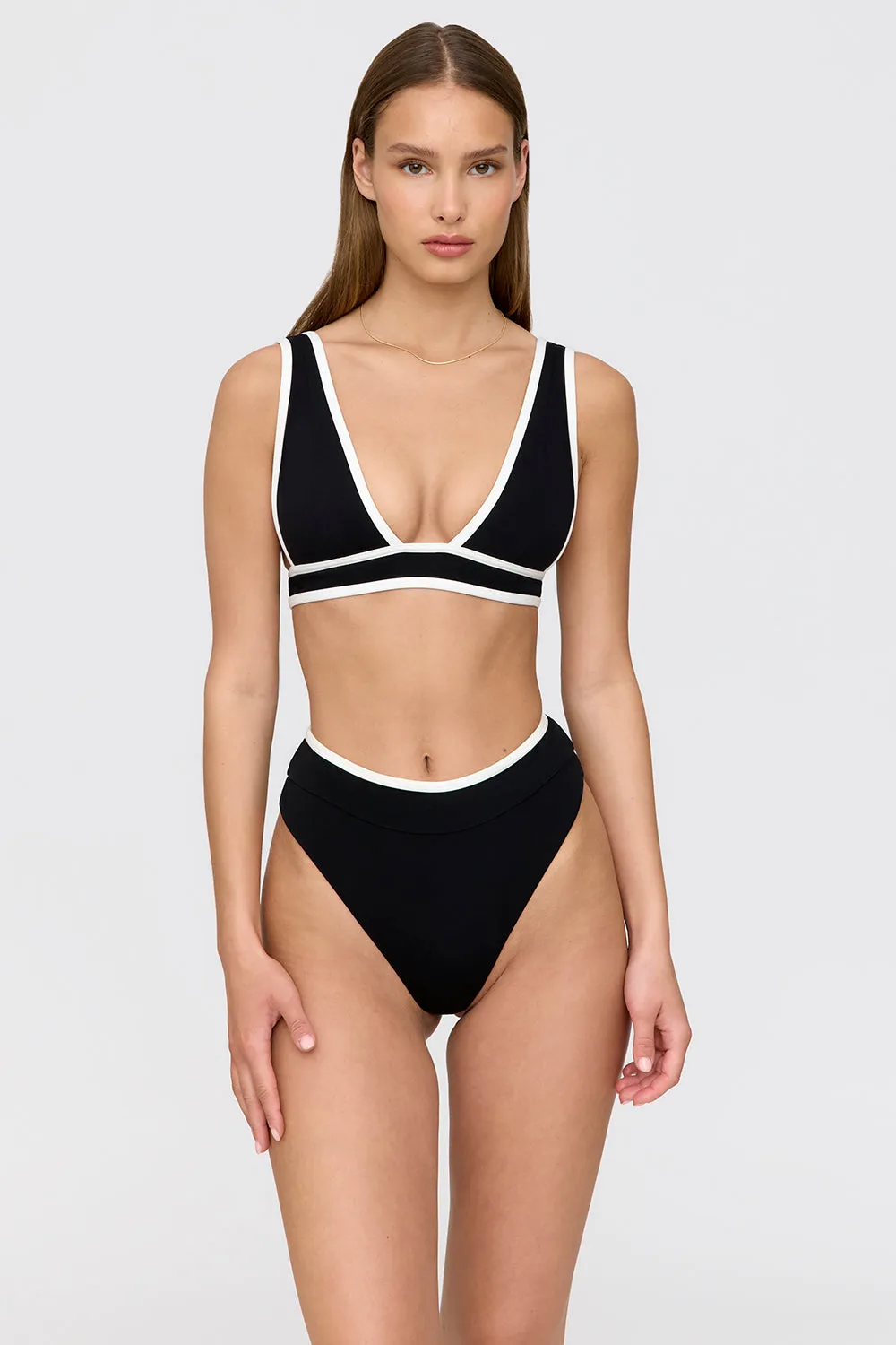 SAINT TROPEZ CONTRAST TRIM PLUNGE NECK BIKINI TOP - SHADOW BLACK AND COCONUT MILK