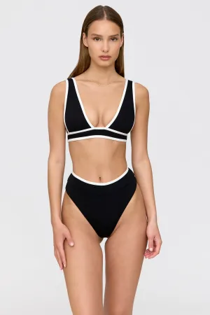 SAINT TROPEZ CONTRAST TRIM PLUNGE NECK BIKINI TOP - SHADOW BLACK AND COCONUT MILK