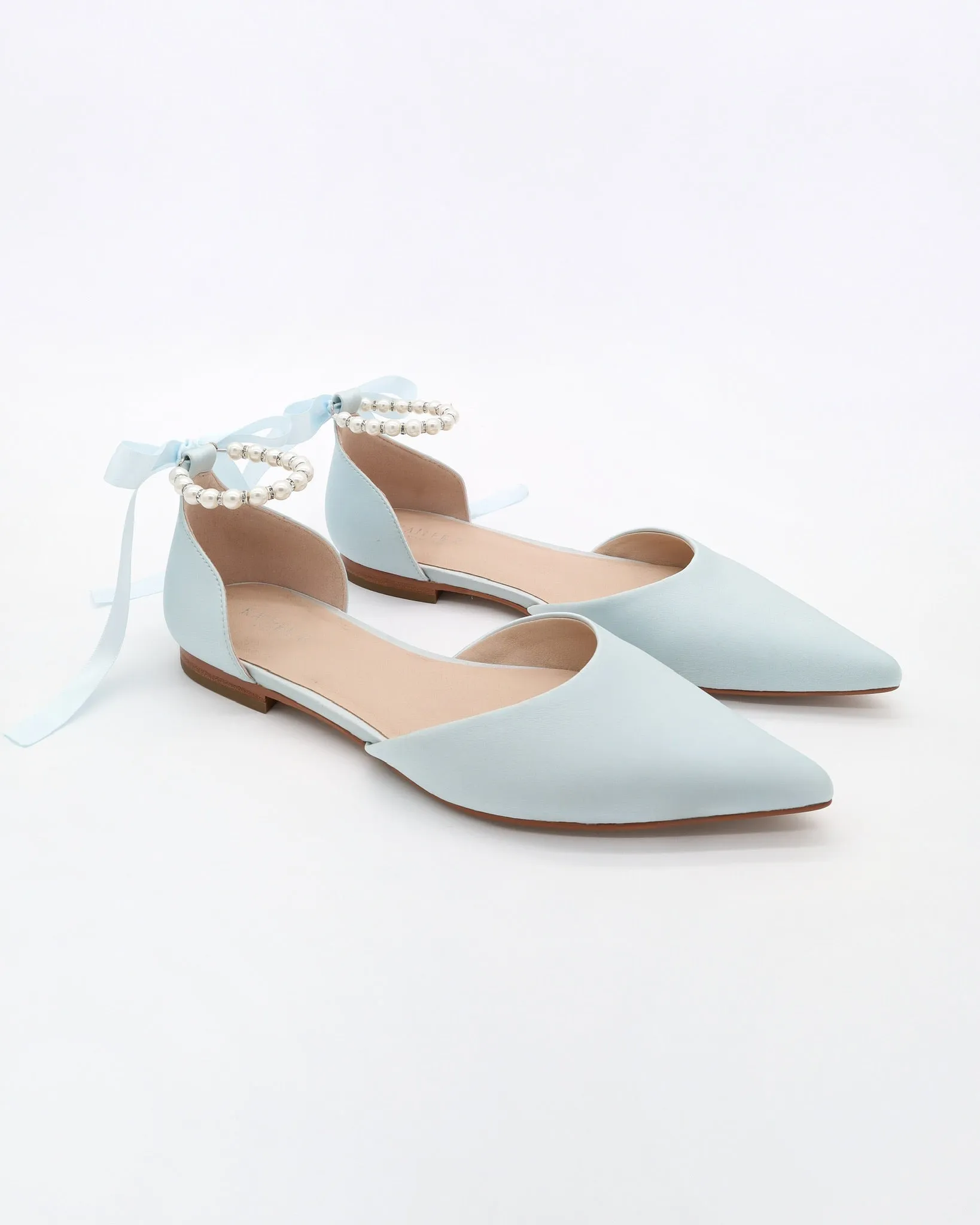 Satin Pointy Toe Bridal Flats with Ribbon Tie or Pearls Strap
