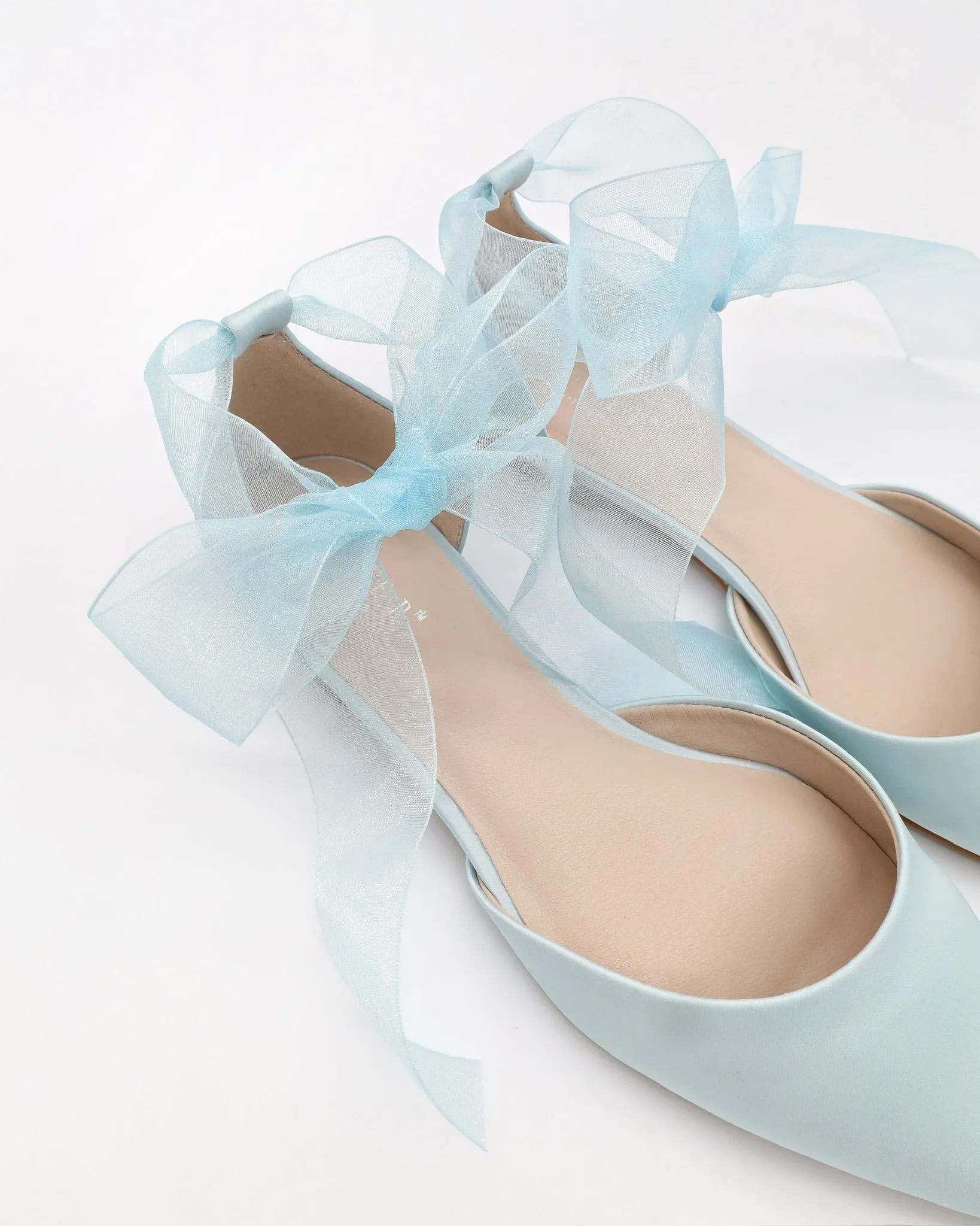 Satin Pointy Toe Bridal Flats with Ribbon Tie or Pearls Strap