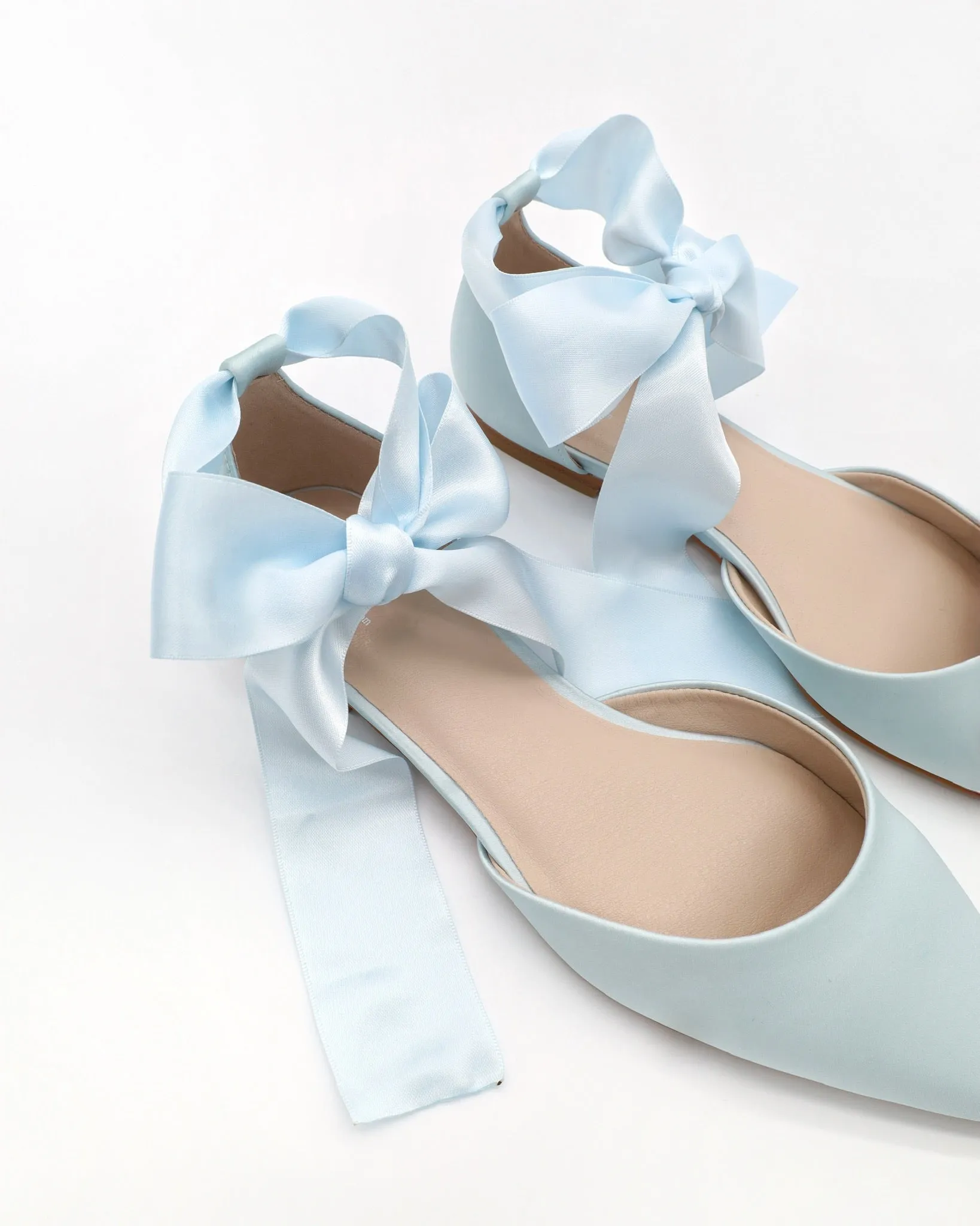 Satin Pointy Toe Bridal Flats with Ribbon Tie or Pearls Strap