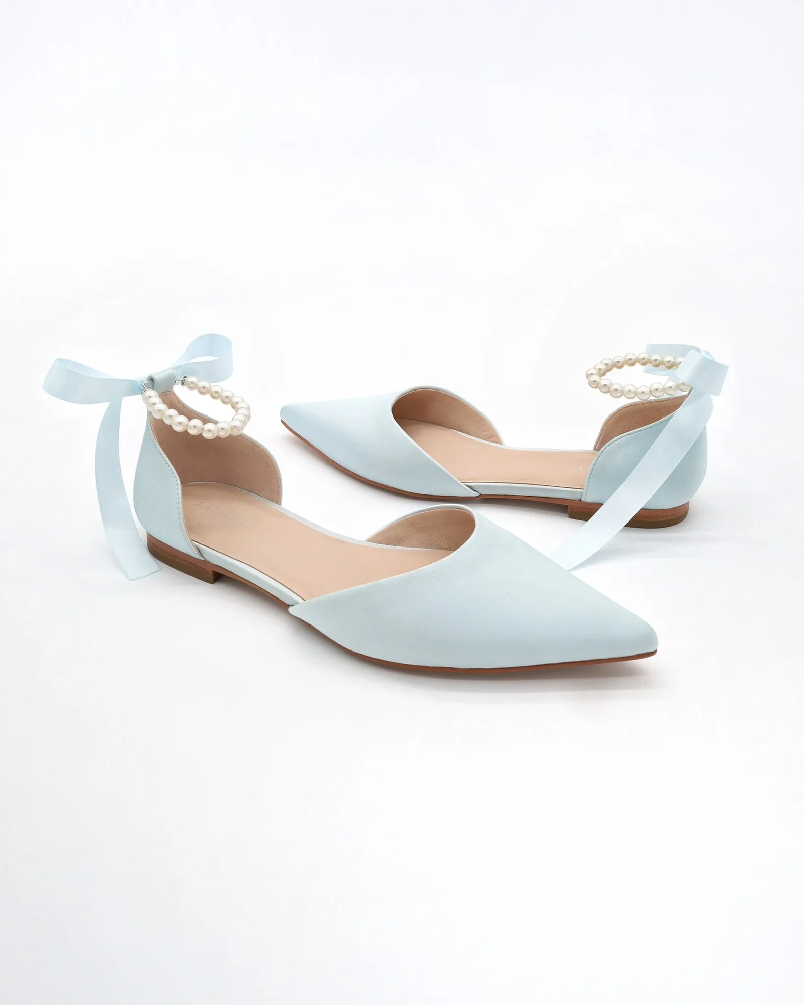 Satin Pointy Toe Bridal Flats with Ribbon Tie or Pearls Strap