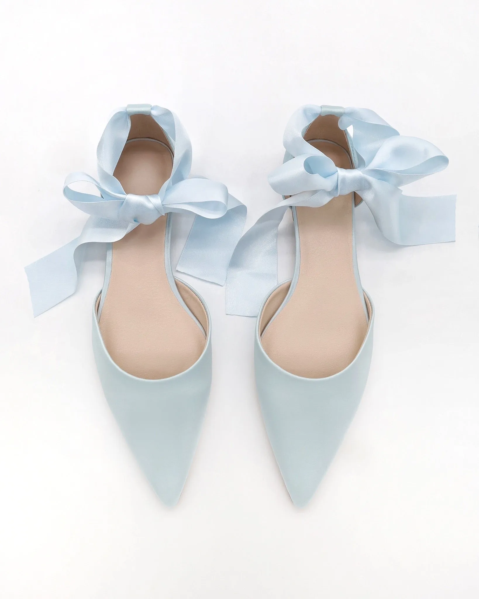 Satin Pointy Toe Bridal Flats with Ribbon Tie or Pearls Strap