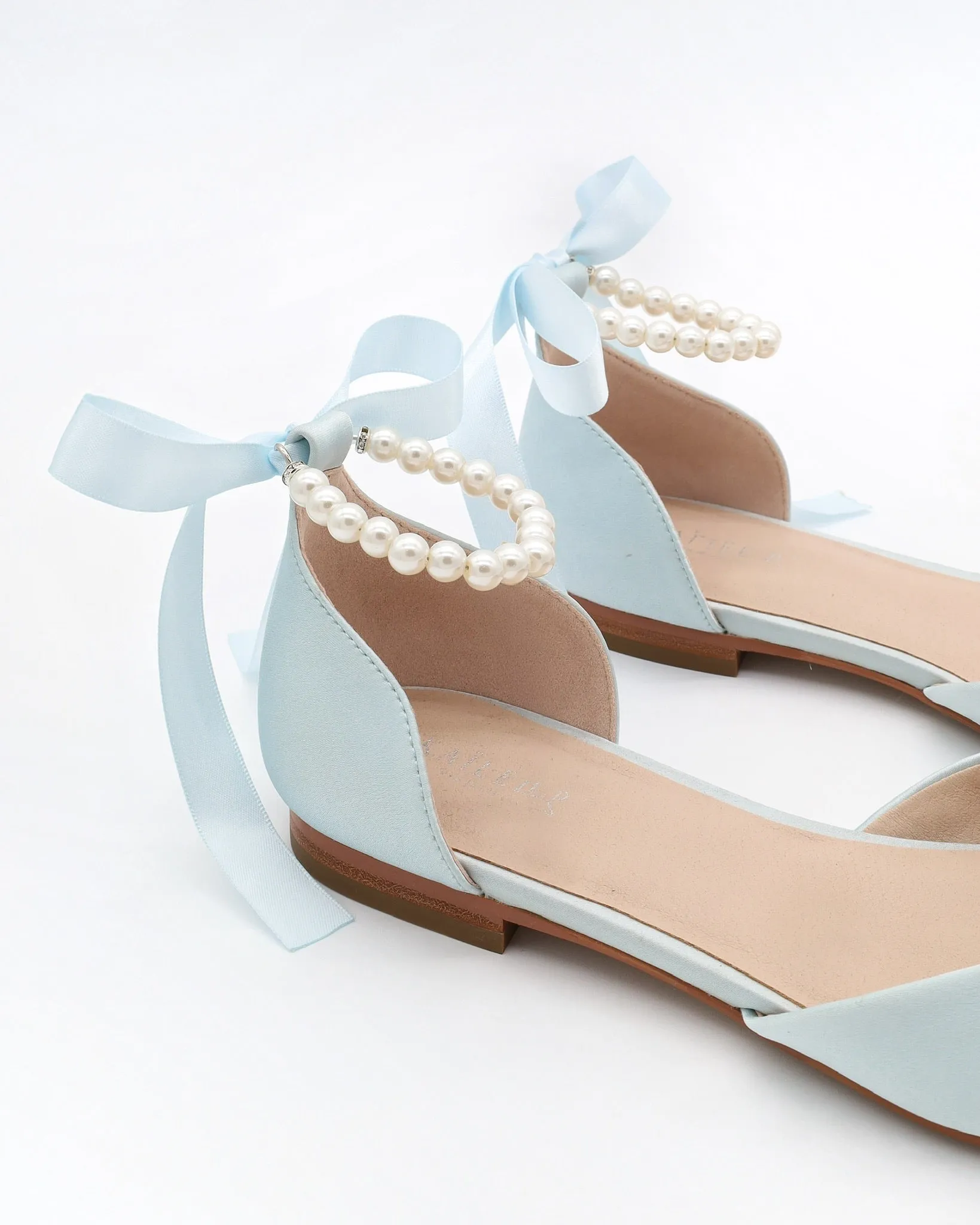 Satin Pointy Toe Bridal Flats with Ribbon Tie or Pearls Strap