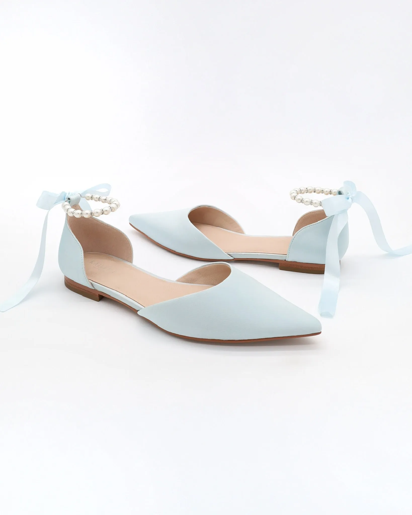 Satin Pointy Toe Bridal Flats with Ribbon Tie or Pearls Strap