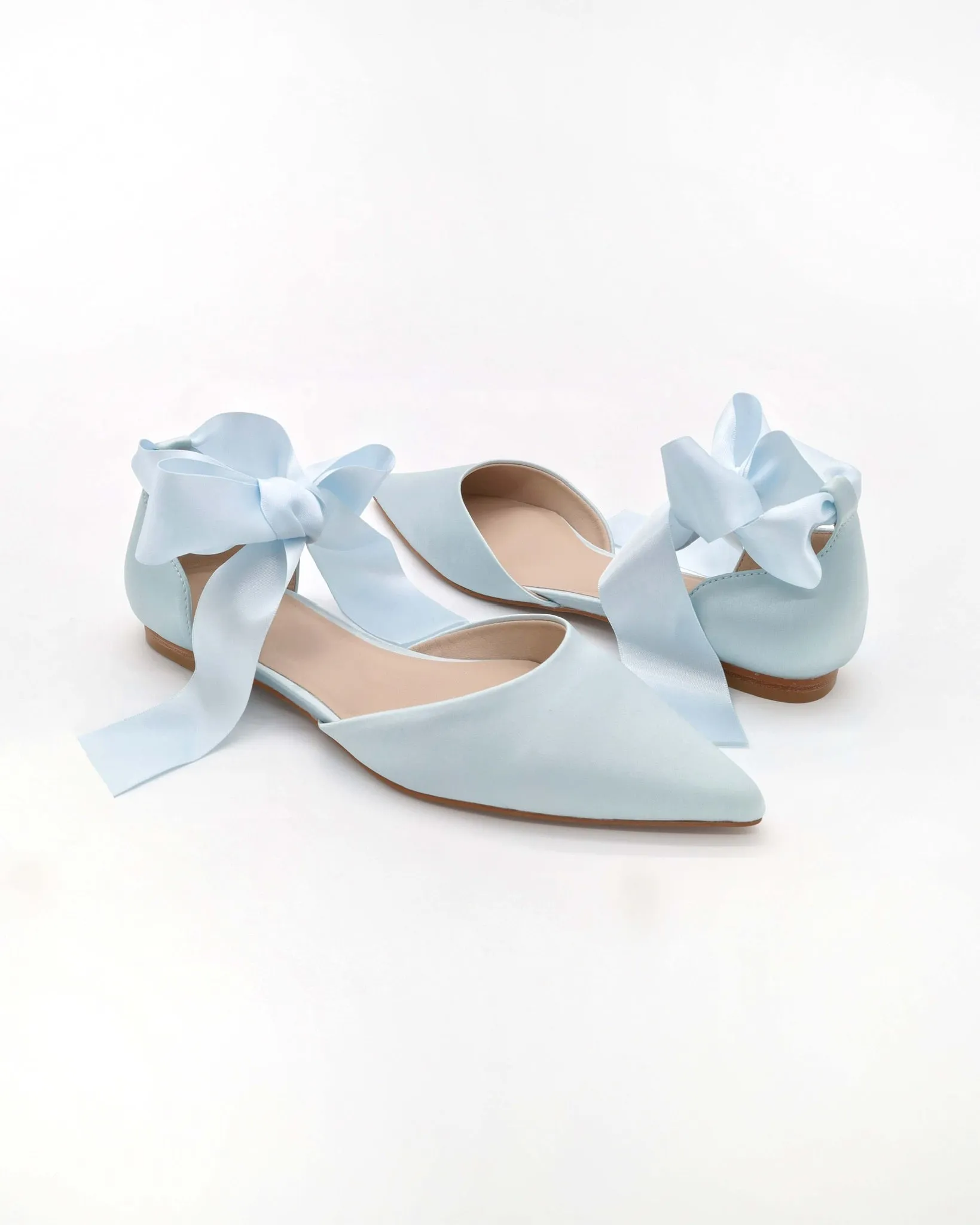 Satin Pointy Toe Bridal Flats with Ribbon Tie or Pearls Strap