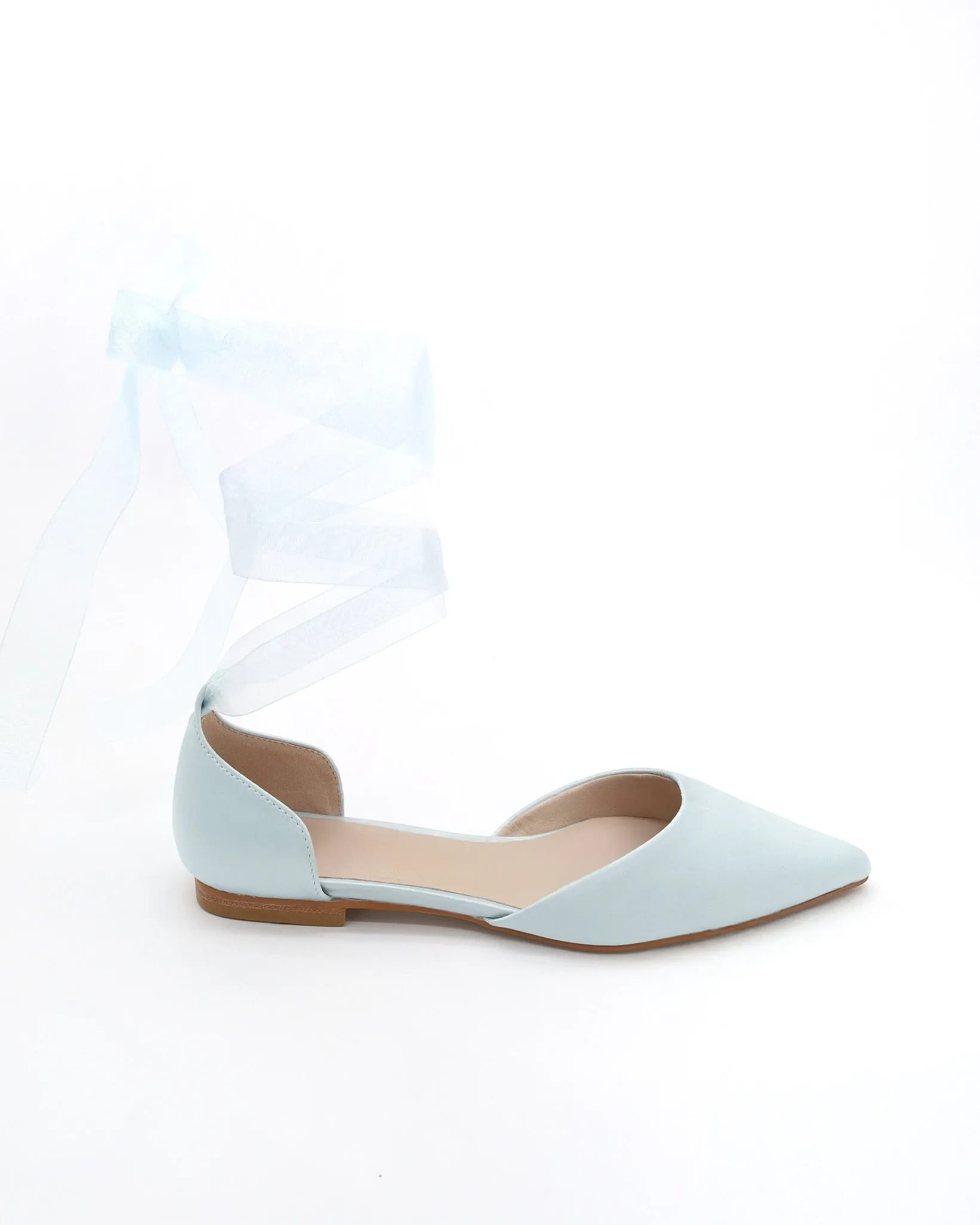 Satin Pointy Toe Bridal Flats with Ribbon Tie or Pearls Strap