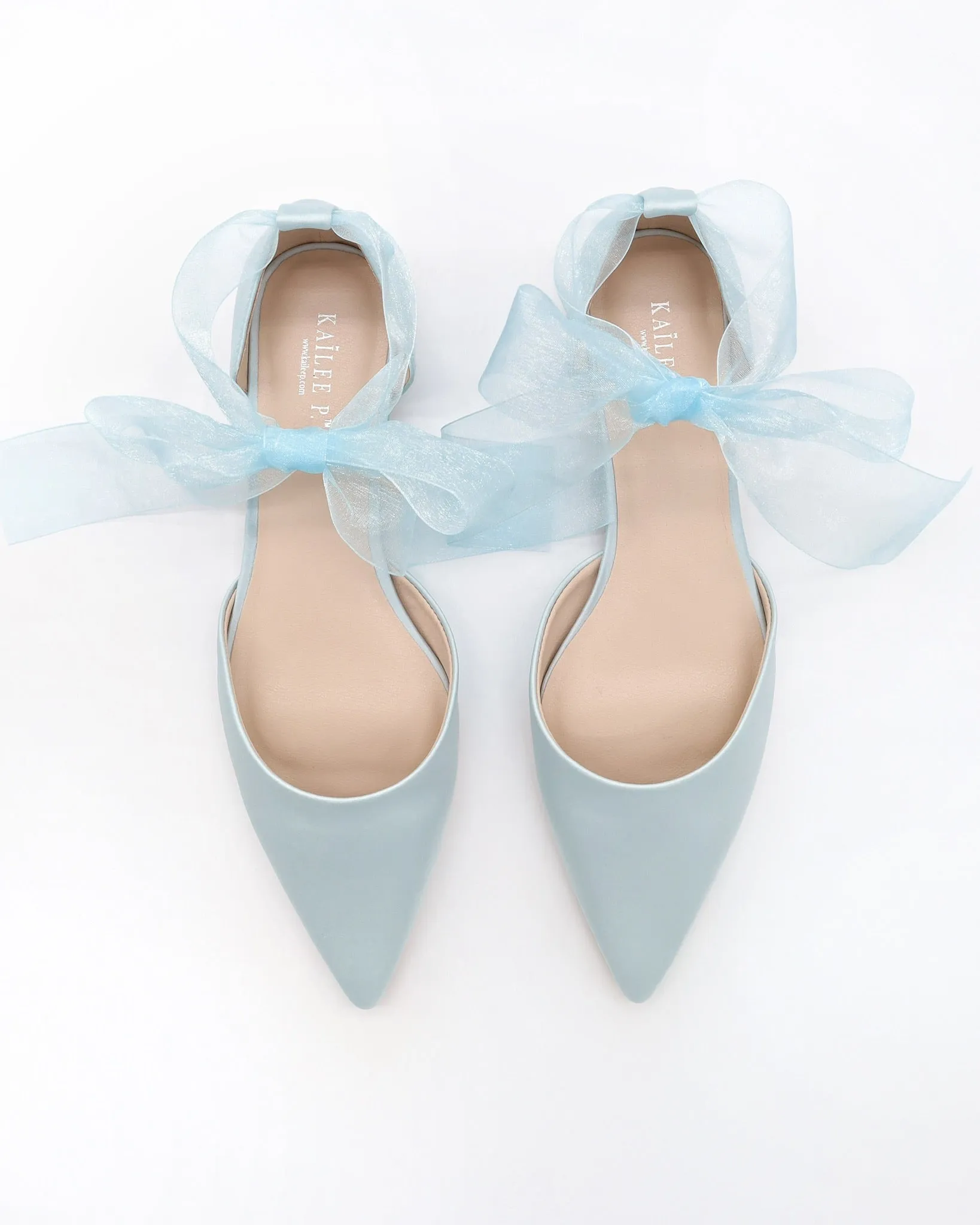 Satin Pointy Toe Bridal Flats with Ribbon Tie or Pearls Strap