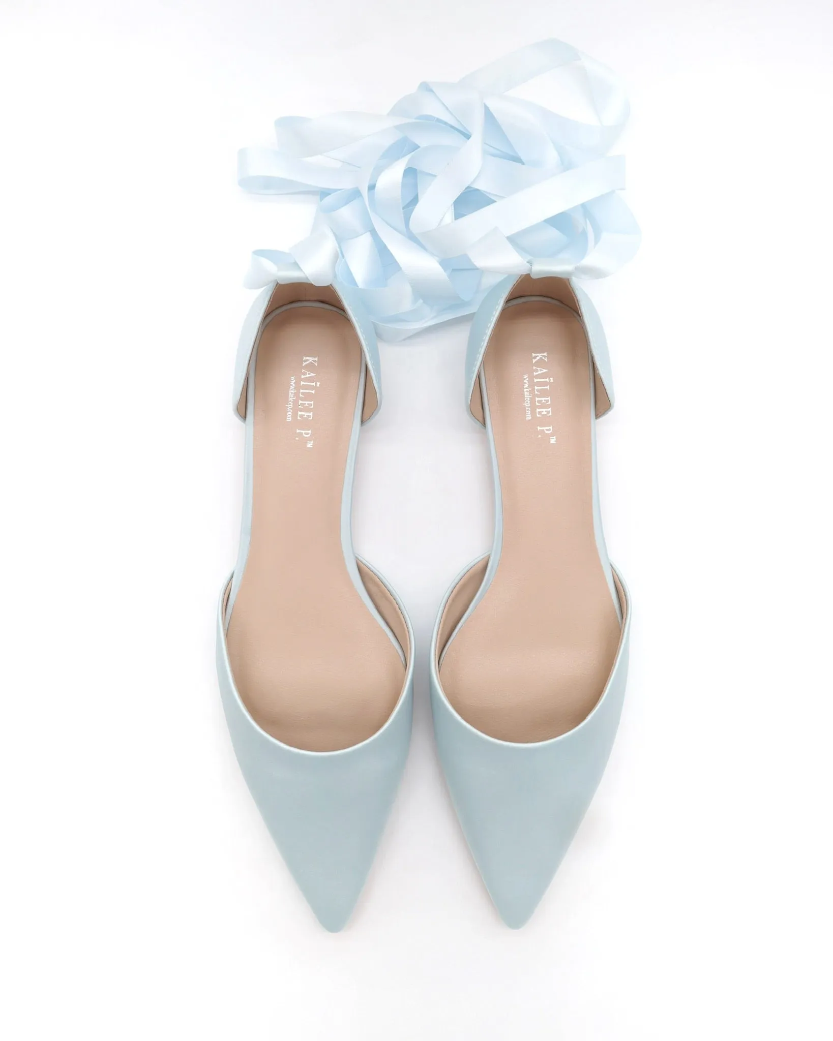 Satin Pointy Toe Bridal Flats with Ribbon Tie or Pearls Strap