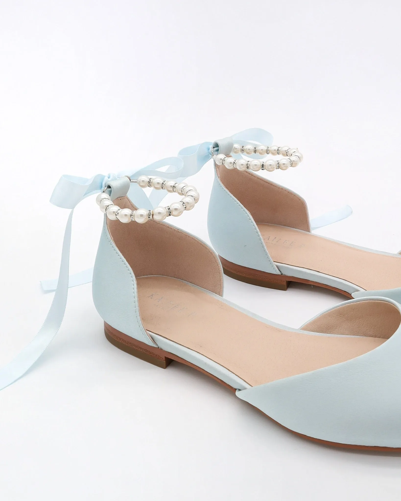 Satin Pointy Toe Bridal Flats with Ribbon Tie or Pearls Strap