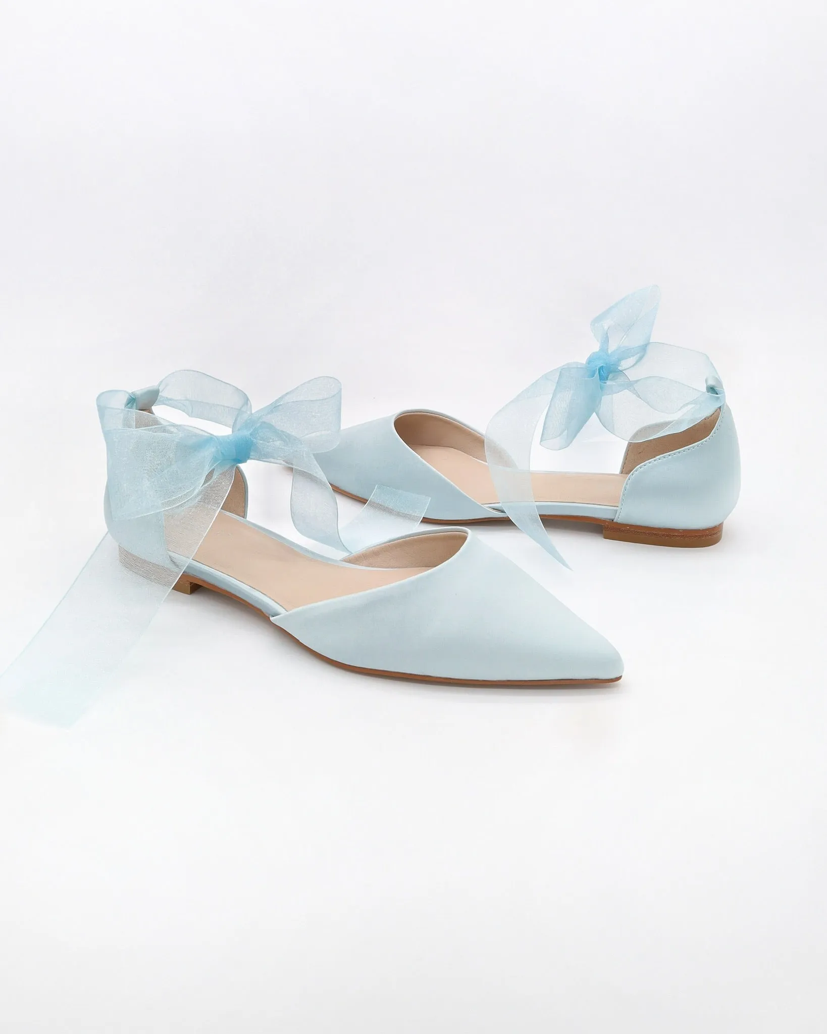 Satin Pointy Toe Bridal Flats with Ribbon Tie or Pearls Strap