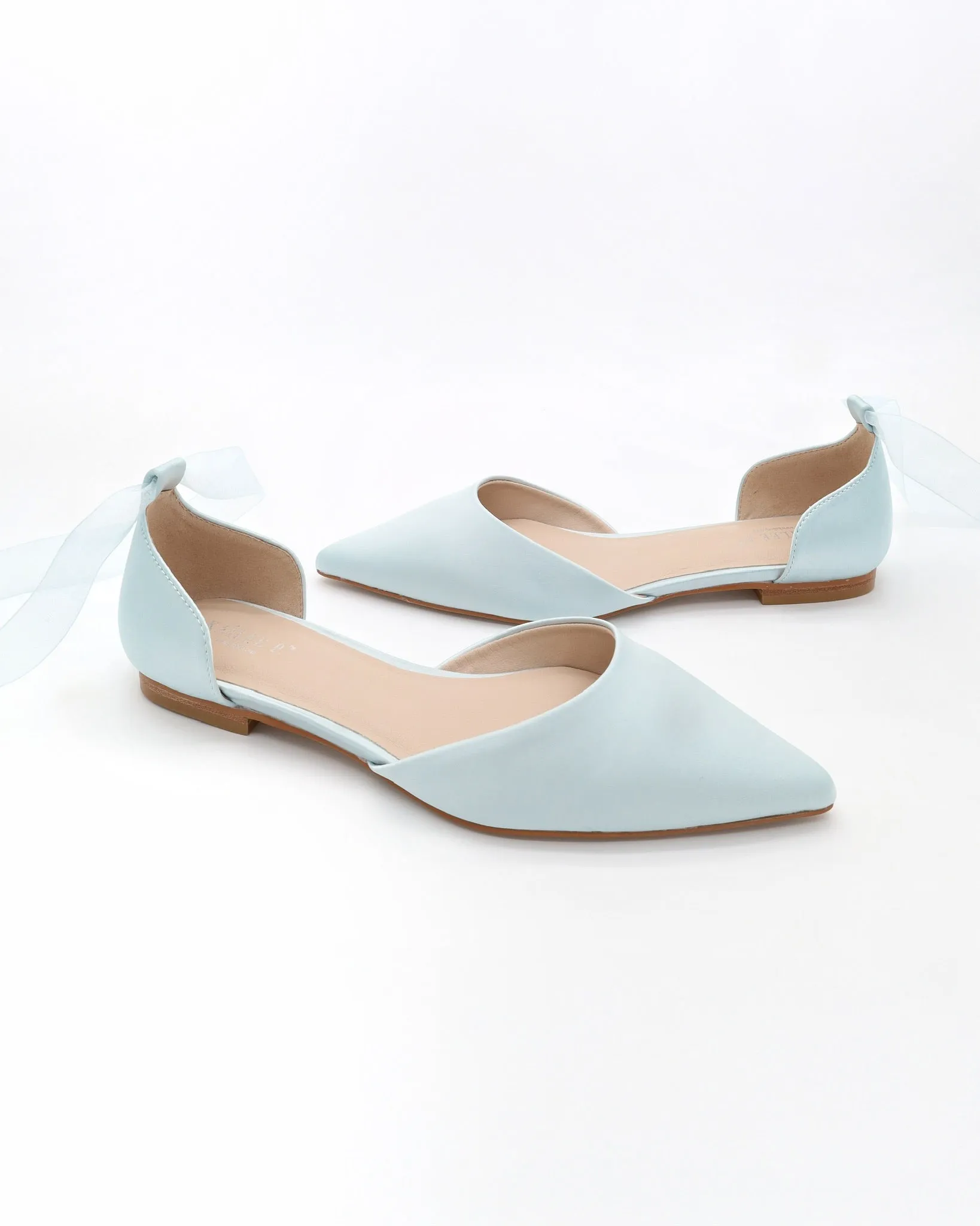 Satin Pointy Toe Bridal Flats with Ribbon Tie or Pearls Strap