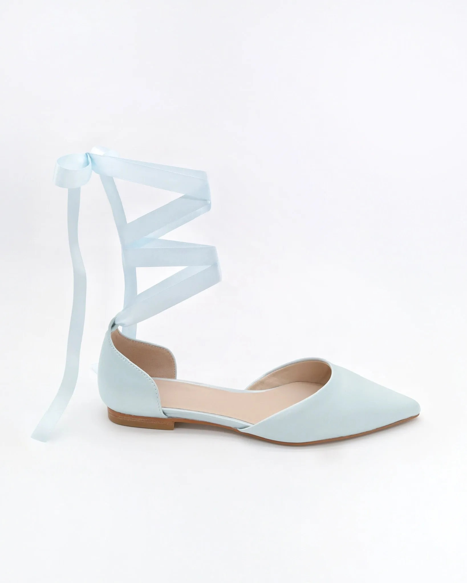 Satin Pointy Toe Bridal Flats with Ribbon Tie or Pearls Strap