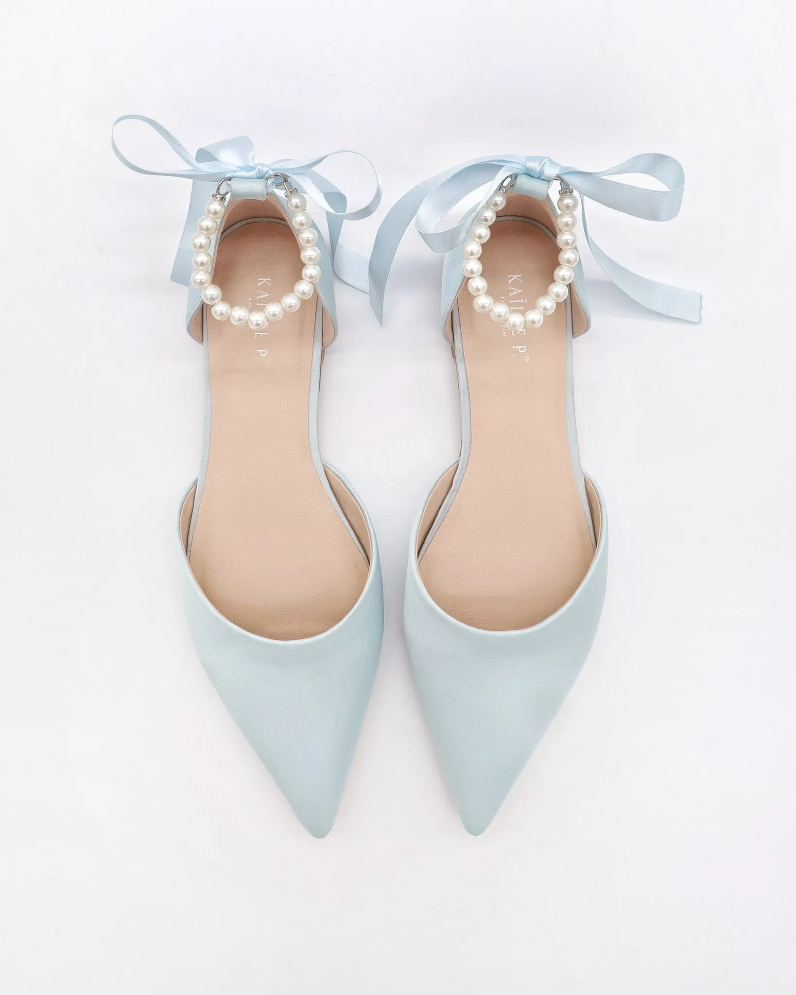 Satin Pointy Toe Bridal Flats with Ribbon Tie or Pearls Strap