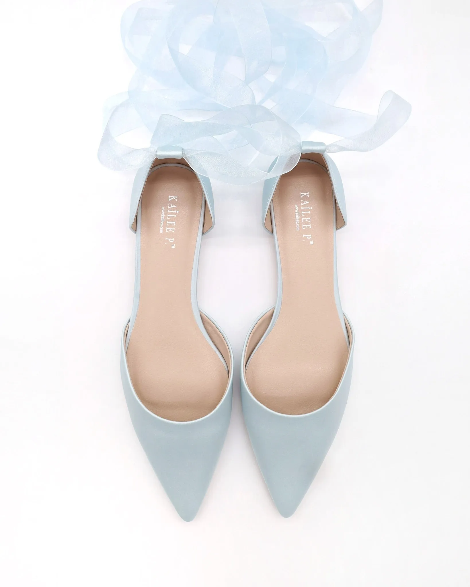 Satin Pointy Toe Bridal Flats with Ribbon Tie or Pearls Strap