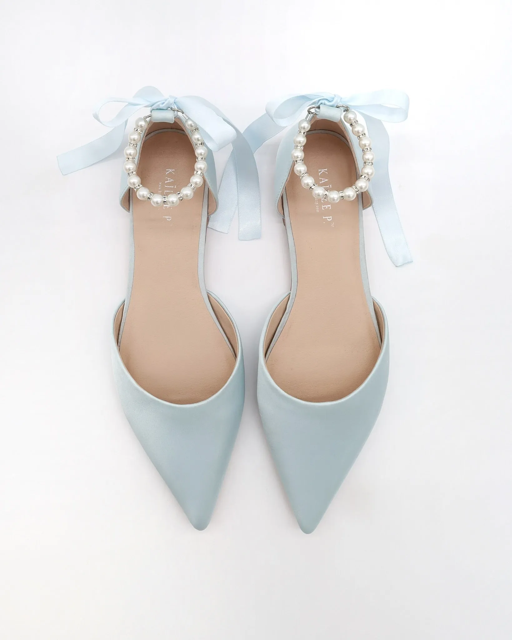 Satin Pointy Toe Bridal Flats with Ribbon Tie or Pearls Strap