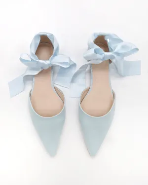 Satin Pointy Toe Bridal Flats with Ribbon Tie or Pearls Strap