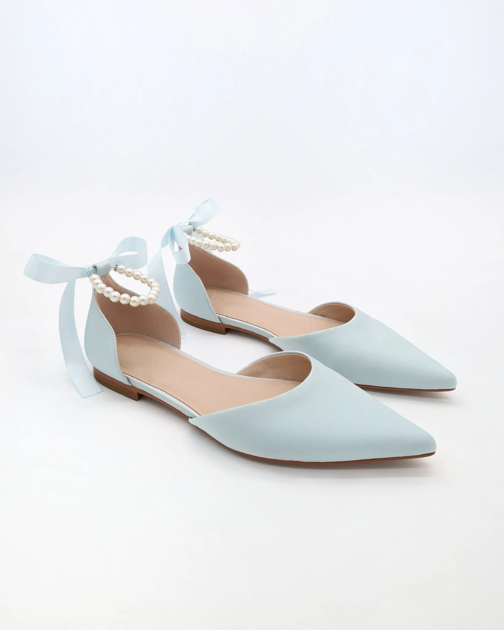 Satin Pointy Toe Bridal Flats with Ribbon Tie or Pearls Strap