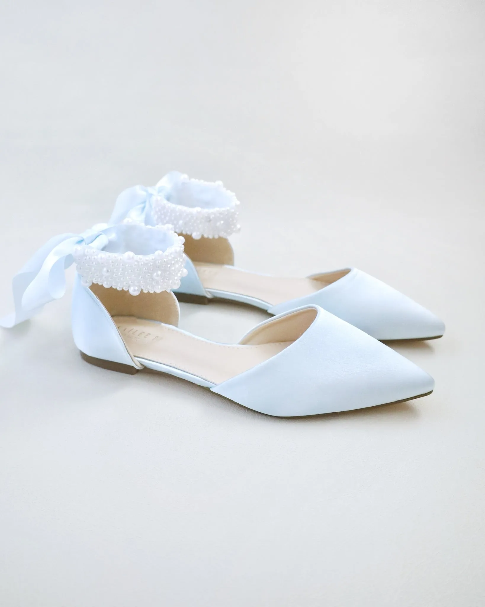 Satin Pointy Toe Wedding Flats with Perla Ankle Strap