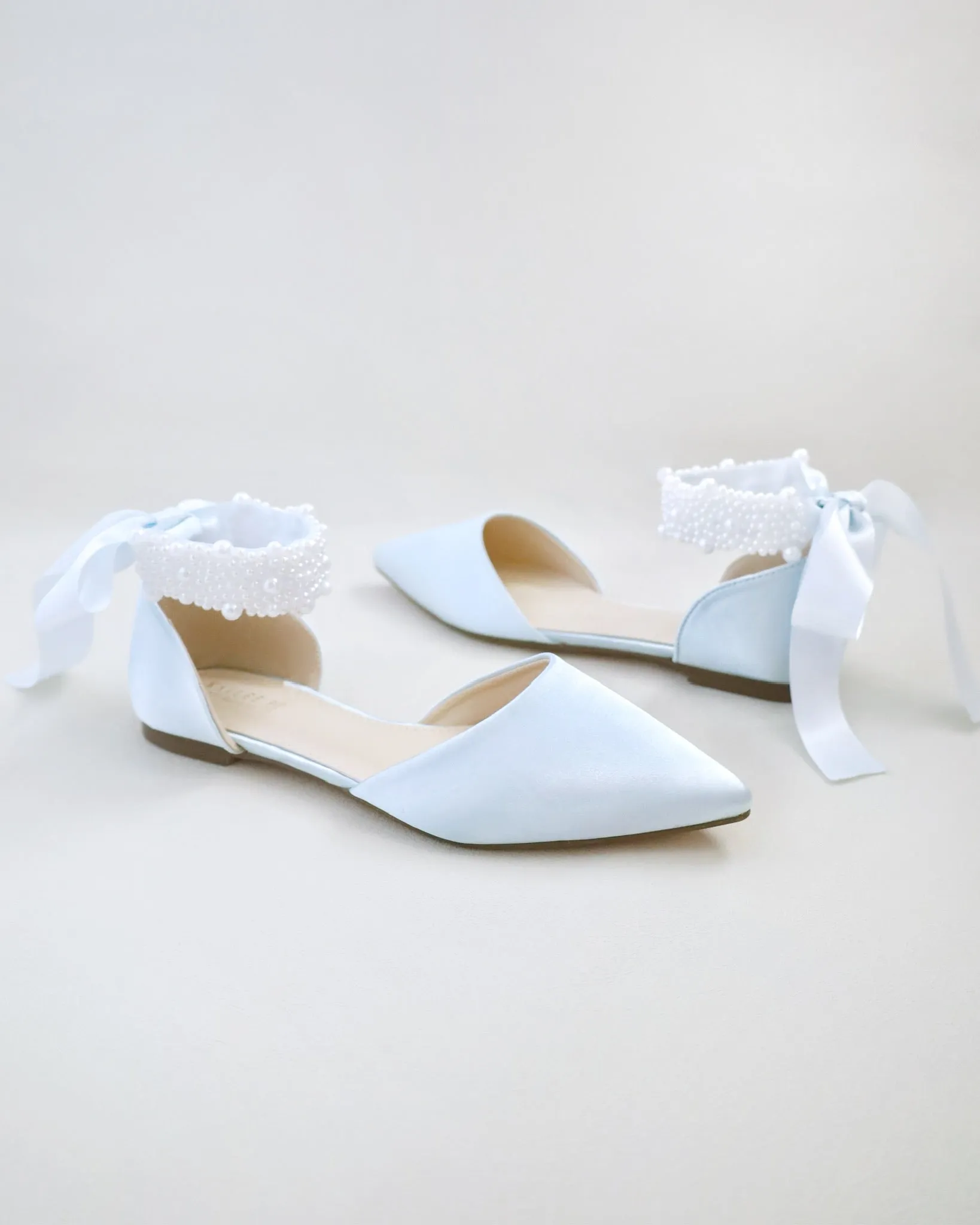 Satin Pointy Toe Wedding Flats with Perla Ankle Strap