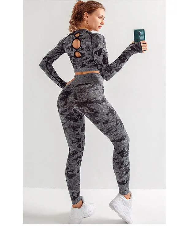 Seamless Camoulage Print Long Sleeves  Gym Sets