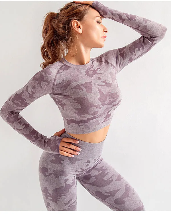 Seamless Camoulage Print Long Sleeves  Gym Sets