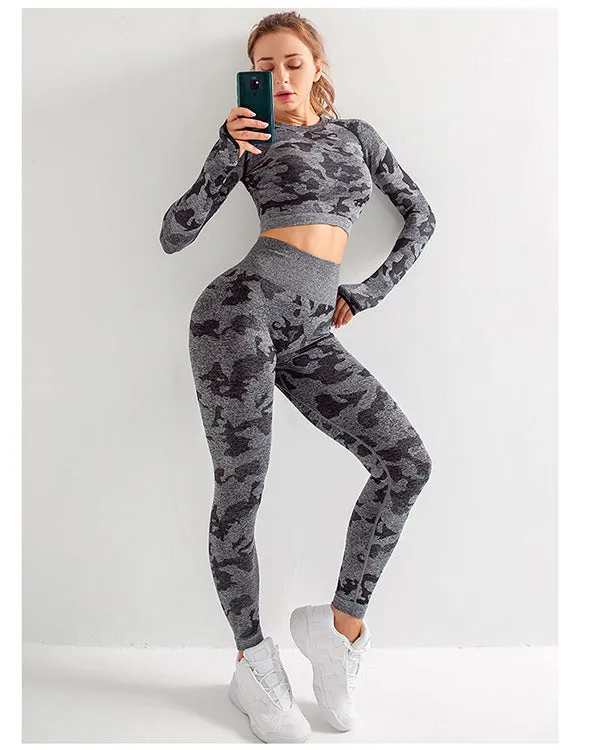 Seamless Camoulage Print Long Sleeves  Gym Sets