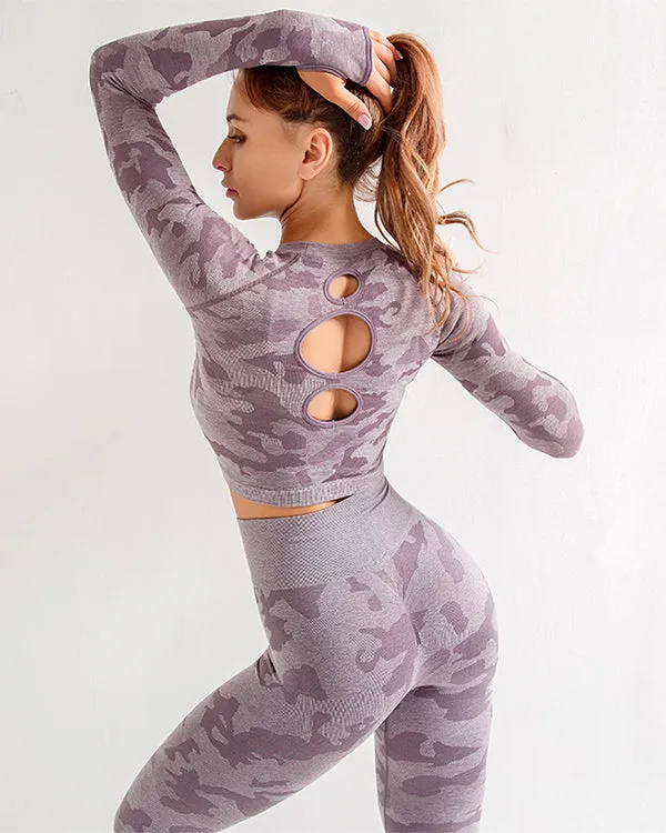 Seamless Camoulage Print Long Sleeves  Gym Sets