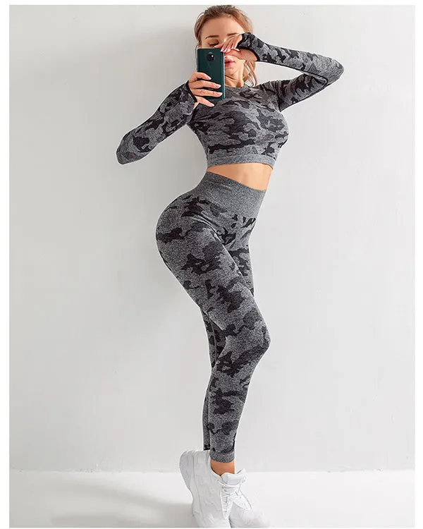 Seamless Camoulage Print Long Sleeves  Gym Sets