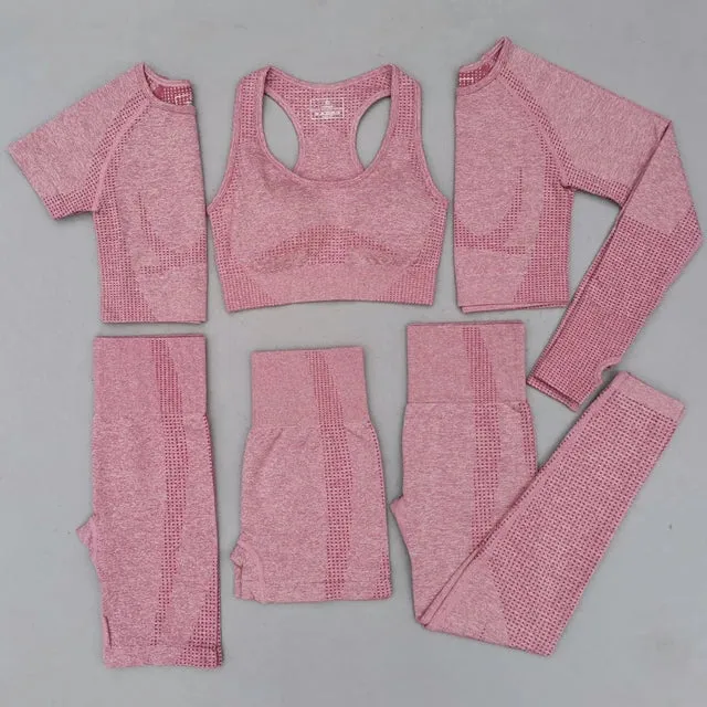 Seamless Women Yoga Set - Workout Sportswear Gym Clothing, High Waist Leggings Crop Top Sport Bra, Long Sleeve Sports Suits