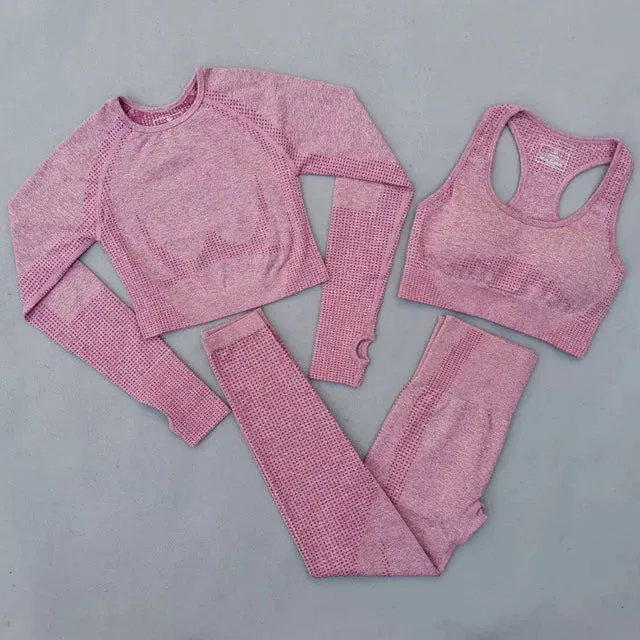 Seamless Women Yoga Set - Workout Sportswear Gym Clothing, High Waist Leggings Crop Top Sport Bra, Long Sleeve Sports Suits