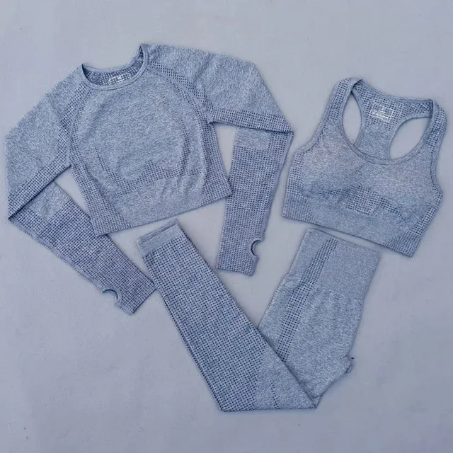 Seamless Women Yoga Set - Workout Sportswear Gym Clothing, High Waist Leggings Crop Top Sport Bra, Long Sleeve Sports Suits