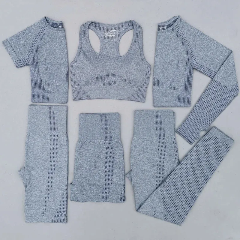 Seamless Women Yoga Set - Workout Sportswear Gym Clothing, High Waist Leggings Crop Top Sport Bra, Long Sleeve Sports Suits