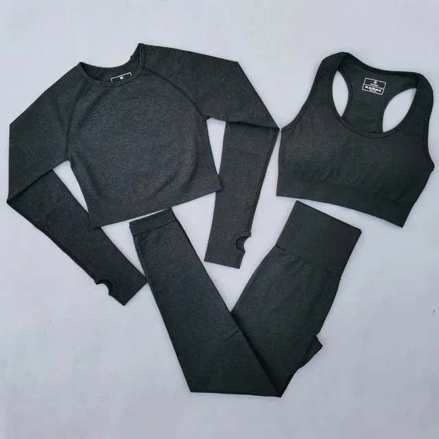 Seamless Women Yoga Set - Workout Sportswear Gym Clothing, High Waist Leggings Crop Top Sport Bra, Long Sleeve Sports Suits