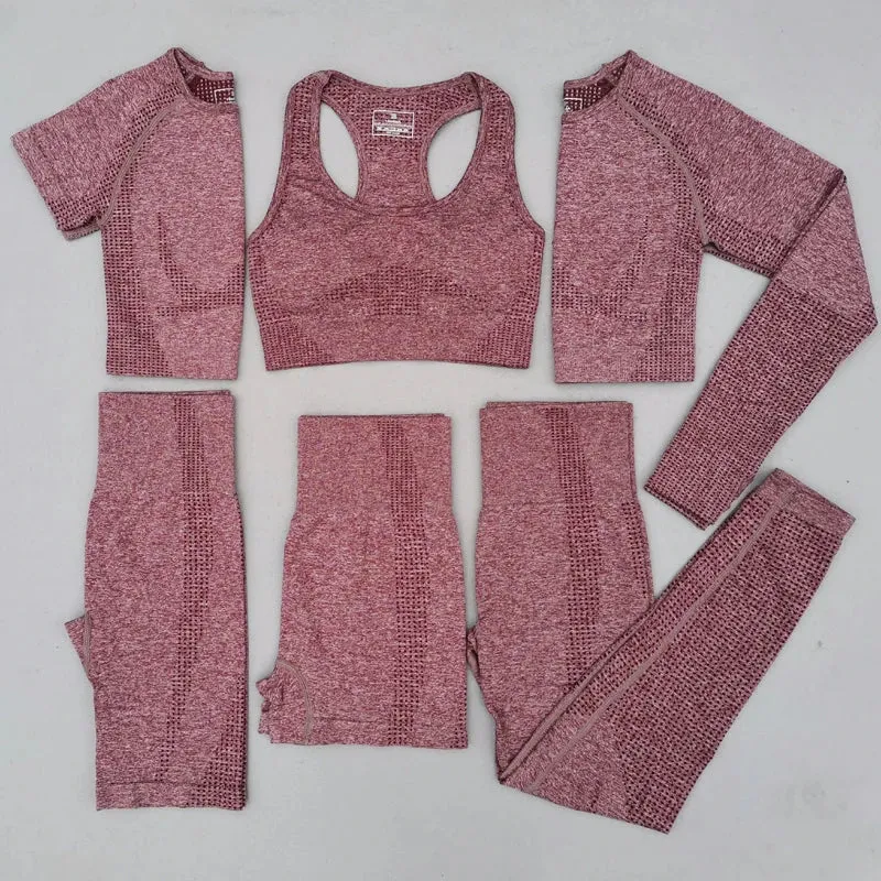 Seamless Women Yoga Set - Workout Sportswear Gym Clothing, High Waist Leggings Crop Top Sport Bra, Long Sleeve Sports Suits