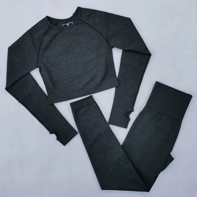 Seamless Women Yoga Set - Workout Sportswear Gym Clothing, High Waist Leggings Crop Top Sport Bra, Long Sleeve Sports Suits