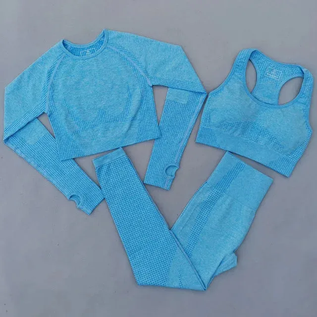 Seamless Women Yoga Set - Workout Sportswear Gym Clothing, High Waist Leggings Crop Top Sport Bra, Long Sleeve Sports Suits