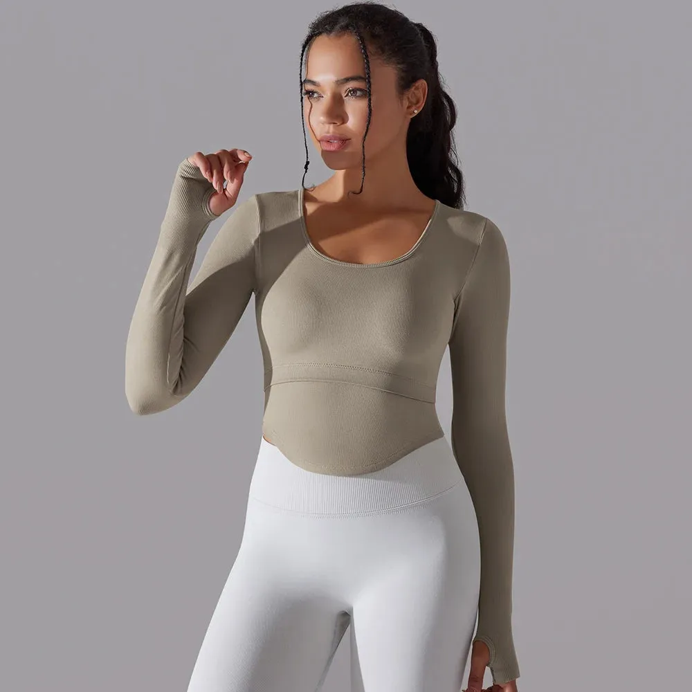 Seamless Yoga Shirt Women - Gym Crew Neck Long Sleeve Fitness Top, Workout Clothes Sportswear, High Stretchy Running T-shirts