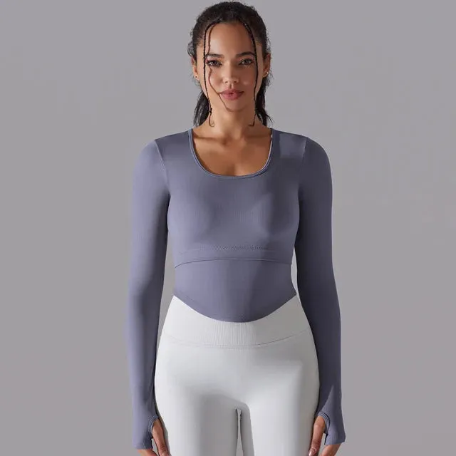 Seamless Yoga Shirt Women - Gym Crew Neck Long Sleeve Fitness Top, Workout Clothes Sportswear, High Stretchy Running T-shirts