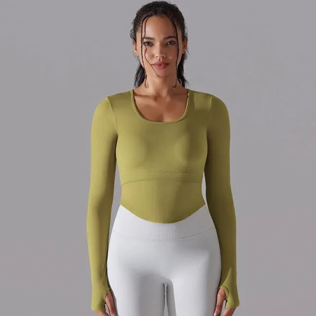 Seamless Yoga Shirt Women - Gym Crew Neck Long Sleeve Fitness Top, Workout Clothes Sportswear, High Stretchy Running T-shirts